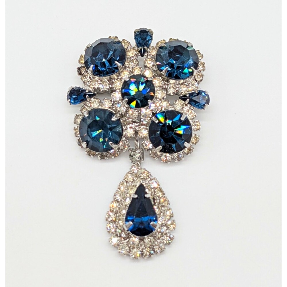 Vintage Blue Rhinestone Dangle Brooch Pin Prong Set Silver Tone 2.25" Statement